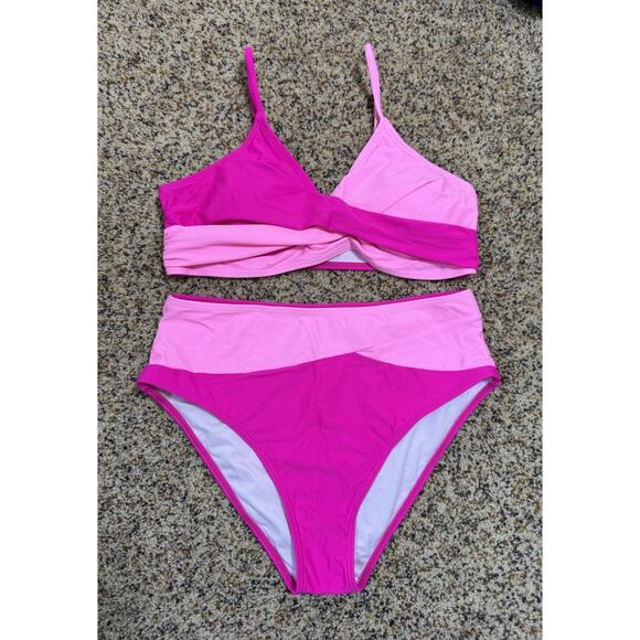 Women's Twist Front High Waisted‎ V-Neck Bikini Set Pink Size Large - Picture 2 of 7